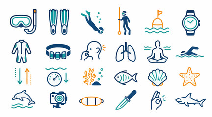Colorful flat icons of scuba diving and marine life activities. © Muhammad