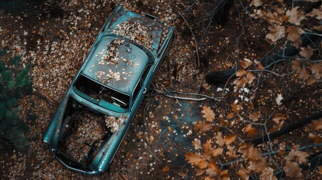 Drone photo classic car buried in forest leaves decaying Canon EOS R5 50mm f11
