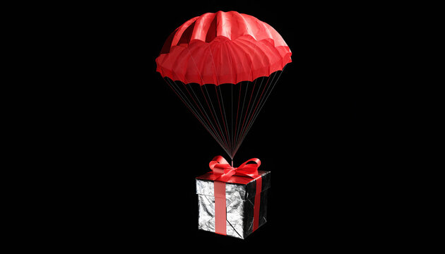 Gift box with red parachute, present with ribbon, wrapped box, falling gift, surprise delivery