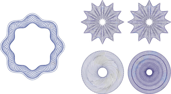 Guilloche Vector Ornament Pattern Set with Protective Rosette Labels, Certificate Frames, and Intricate Security Border Spirograph Elements for Banknotes and DiplomasGuilloche Vector Ornament Pattern 