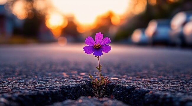 Purple wildflower pushing through an asphalt crack on a city street at sunset with warm bokeh and blurred parked cars, conveying resilience and hope