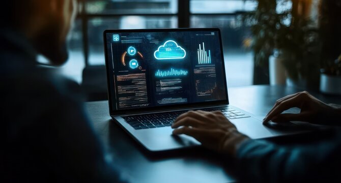 two people collaborating over a laptop showing cloud analytics, code, graphs and dashboards on a dark desk in a dim office with a potted plant by the window, focused and concentrated