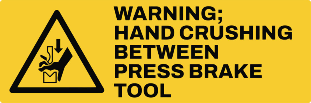 Vibrant yellow industrial safety sign with hand crushing pictogram, emphasizing press brake tool hazard, for machinery operation awareness, workplace safety regulations, and occupational health