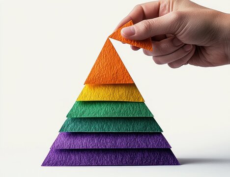 Hand placing orange triangle atop stacked rainbow textured paper pyramid on white background, focused creative moment
