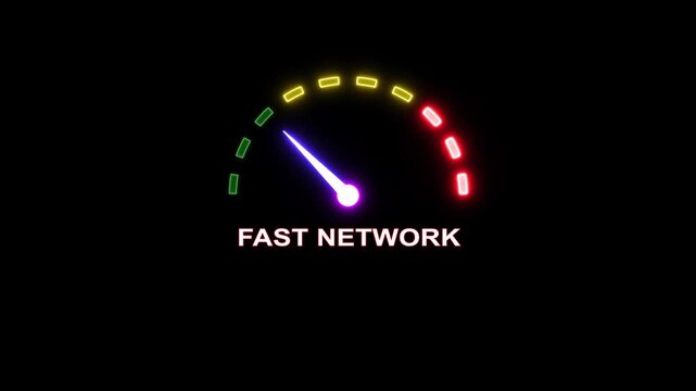 Fast network speed indicator gauge in motion with neon lights.