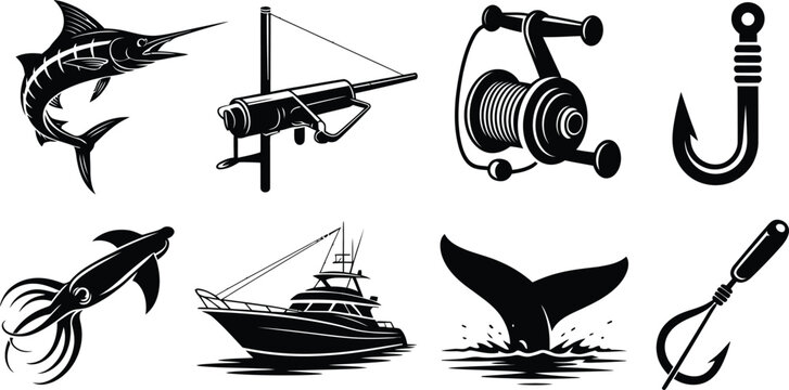 Deep Sea Sport Fishing Monochrome Vector Silhouette Icon