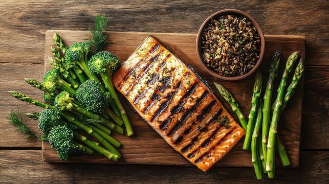grilled salmon fillet with charred grill marks on a wooden board served with fresh broccoli, asparagus and a bowl of wild rice, rustic appetizing healthy meal