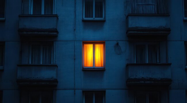 single warmly lit window amid dark apartment facade at night, glowing orange curtains and cold blue exterior evoke solitude and quiet mystery