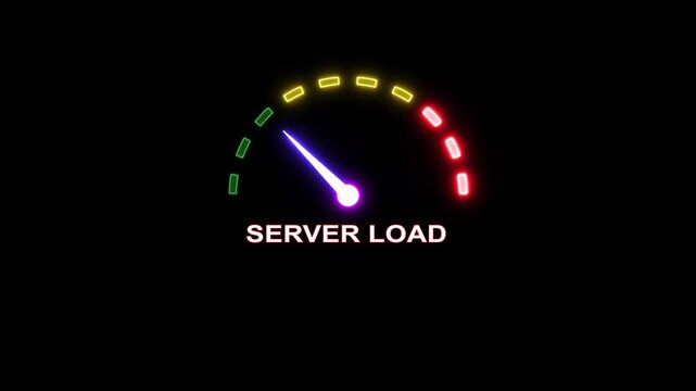 Animated gauge showing server load status with neon lighting on dark background.