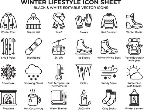 Winter lifestyle icon sheet, 24 black and white editable vector icons, seasonal clothing and outdoor activity line art symbols for web design
