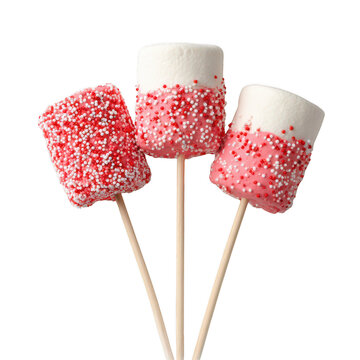 Colorful marshmallow treats on sticks. Sweet snacks with sprinkles. Dessert food