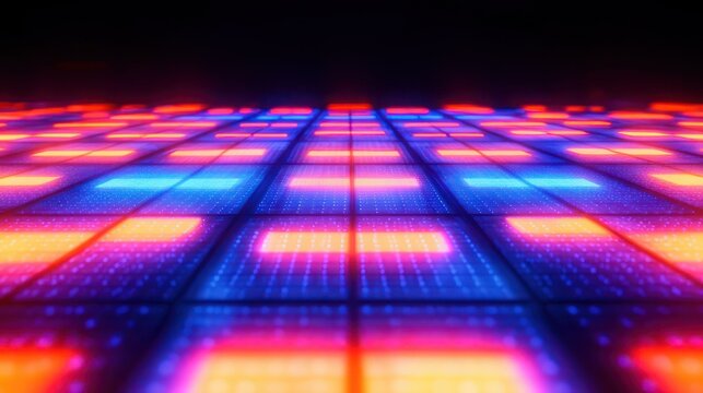 glowing neon led dance floor of colorful illuminated square tiles fading into darkness, vibrant energetic futuristic party atmosphere