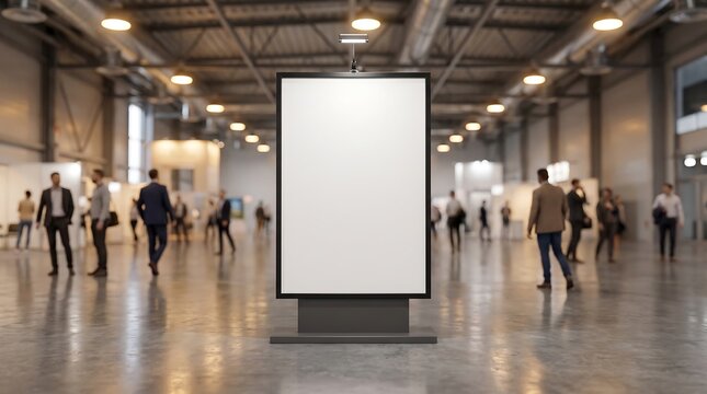 Empty vertical advertising display stand in center of large exhibition hall with blurred attendees and industrial warehouse atmosphere in modern trade show event venue