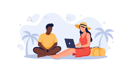 Obraz premium Couple Working Remotely on Tropical Beach with Palm Trees and Laptop