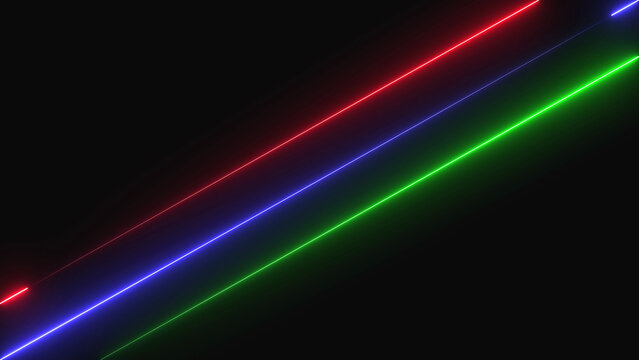 Three glowing led light strips in red blue and green colors arranged in diagonal parallel lines on a dark black background for modern technology and abstract digital lighting design concepts