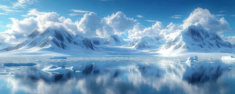 Panoramic serene polar landscape with snow-covered mountains, floating icebergs and calm reflective blue water under dramatic clouds