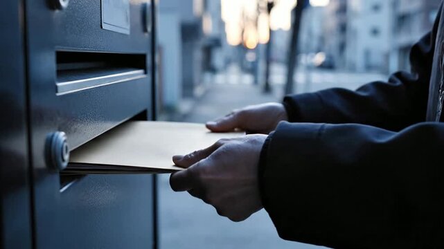 First-Person POV of a Vigilante Placing a Plain Folder into a Mailbox During Twilight in an Urban Setting