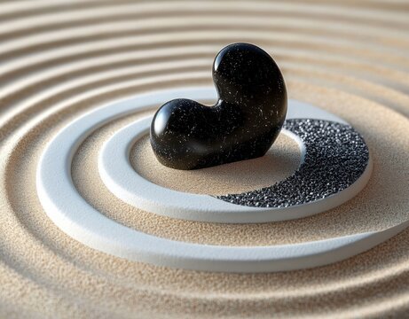 glossy speckled black bean-shaped stone resting on white concentric rings in raked beige sand, peaceful minimalist zen garden evoking calm and contemplation