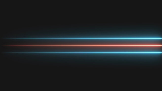 Horizontal glowing neon light lines with blue and red rays on a black background