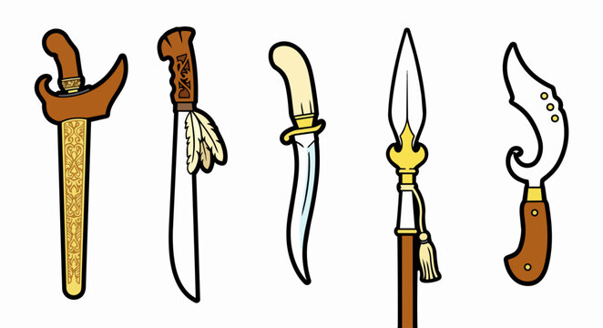 Indonesian Traditional Weapons Senjata Tradisional Flat Design Icon Set featuring five iconic bladed weapons: keris wavy-bladed dagger with ornate pamor pattern and carved handle, mandau Dayak 