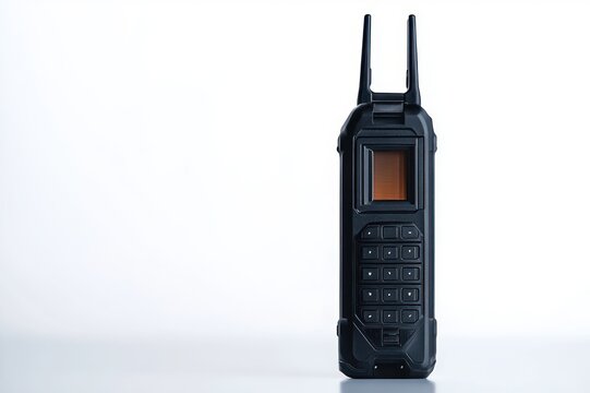 rugged black handheld radio with dual pronged antenna, numeric keypad and small display on clean white background conveying a utilitarian, serious mood