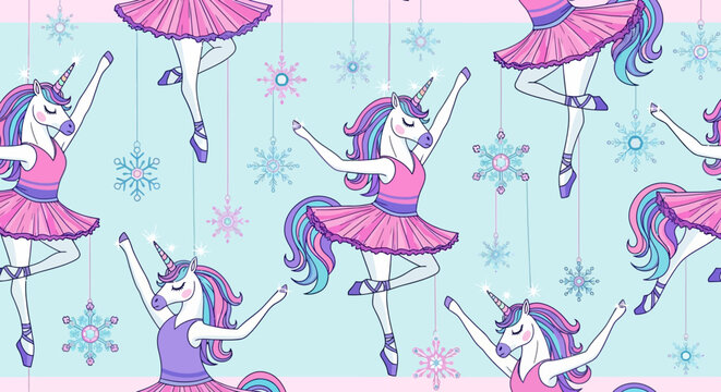 Cute Unicorn Ballerinas Dancing with Snowflakes, Whimsical Fantasy Pattern
