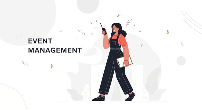 Event Management Concept: Woman with Walkie-Talkie and Clipboard Organizing Celebration, Vector Illustration