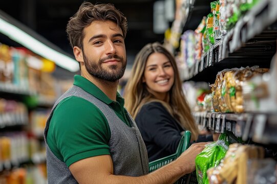 Two focused shoppers selecting packaged bread from a supermarket aisle with a green shopping cart and stocked shelves