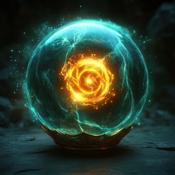 Glowing glass orb with turquoise aura and swirling fiery orange core on an ornate brass stand, crackling electric filaments and sparks, mysterious and powerful