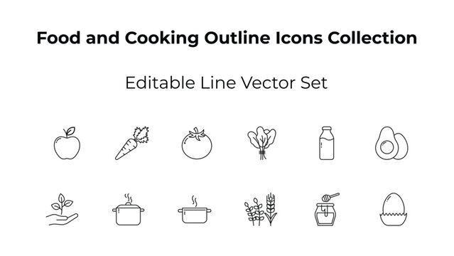 healthy food outline icon set editable stroke fruits vegetables cooking nutrition vector collection