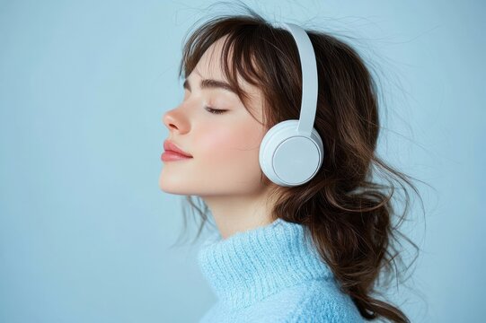 side profile of a relaxed person with long brown hair wearing white headphones and a blue knit turtleneck against a pale blue background, face intentionally obscured