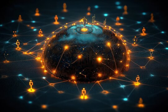 Futuristic glowing digital dome with interconnected nodes and human icons in blue and orange network, conveying dynamic connectedness and secure data exchange