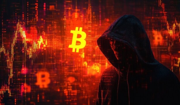 hooded figure in shadow surrounded by glowing cryptocurrency symbols and red digital trading charts, ominous and secretive atmosphere