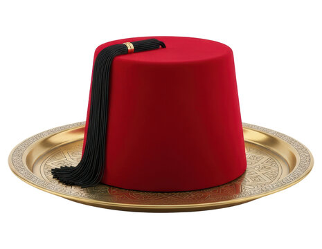 Red felt fez hat with black tassel on golden tray isolated on transparent background