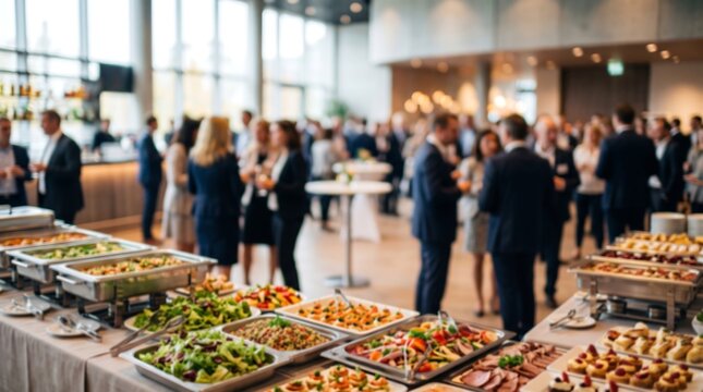 Business conference networking event with catering buffet and professionals in suits talking in a bright modern hall during a corporate seminar or company social gathering occasion