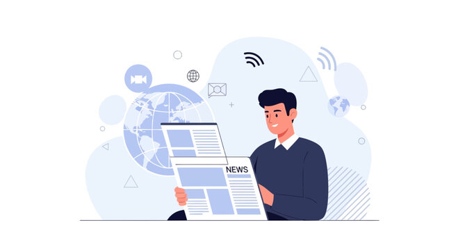 Man reading newspaper with global news icons and connection symbols in modern flat illustration style.