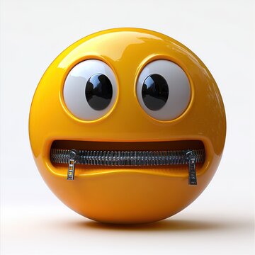 glossy yellow round emoticon with wide eyes and a metal zipper across its mouth, anxious silenced expression