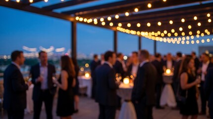 Fototapeta premium Business professionals at outdoor evening networking event with warm string lights and blurred city views creating sophisticated and inviting atmosphere for social mixer