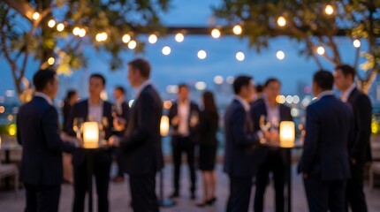 Fototapeta premium Business group networking on outdoor rooftop terrace at twilight with warm string lighting and blurred silhouettes of professionals against soft blue evening sky background