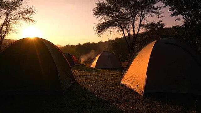 Camping in the wilderness at sunrise, tents illuminated by the golden light of dawn.