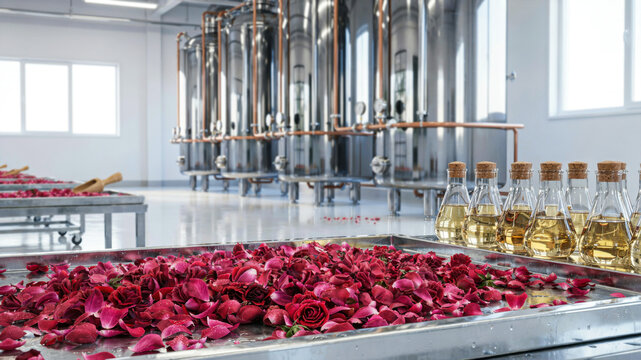 Extraction process of Rose of Damascus in modern distillery facility