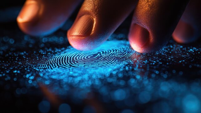 close-up of fingertips pressing a glowing blue fingerprint scanner with swirling ridge patterns and digital particles conveying security and futuristic precision
