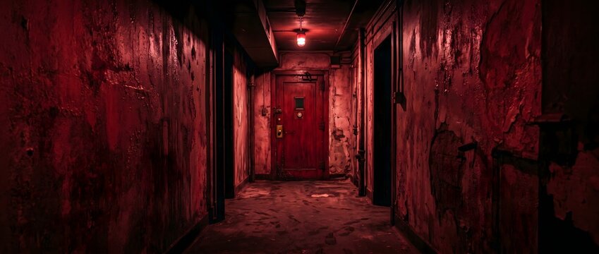 Creepy red hallway in abandoned building with peeling walls and door.