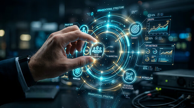Businessman's hand interacting with glowing digital network diagram on futuristic interface