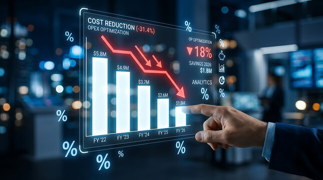 Businessman's hand points at declining cost reduction graph on digital screen during office meeting