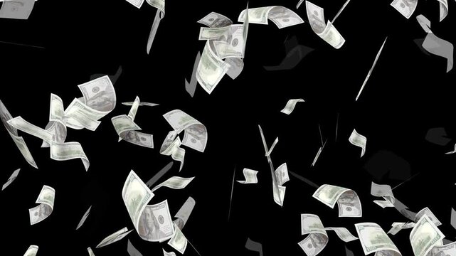 Money Falling - Dollar bills falling down from the sky.Money falling dollar banknotes on a transparent background.US dollar banknotes flying in super slow motion against black background.