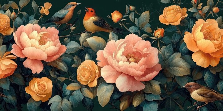 Three small songbirds perched among large peach and golden peony blooms and teal green foliage, serene romantic garden scene with one bird singing