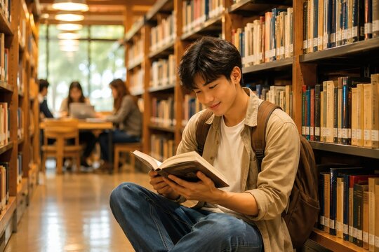 Library student reading book study scene