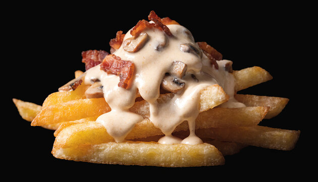 Loaded fries with bacon and cheese sauce, gourmet snack, comfort food, fast food