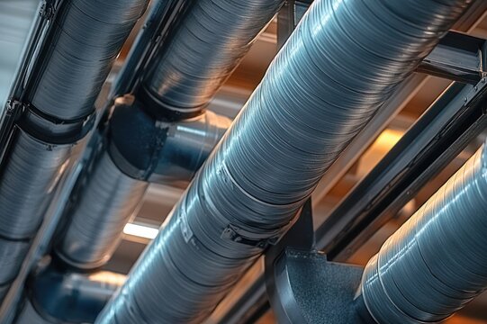 close-up of metallic ventilation ducts and support beams in an industrial ceiling conveying a cool, efficient mechanical atmosphere